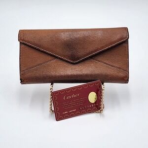 Authentic Vintage Cartier Envelope Long Wallet Brown Leather Authenticity Card